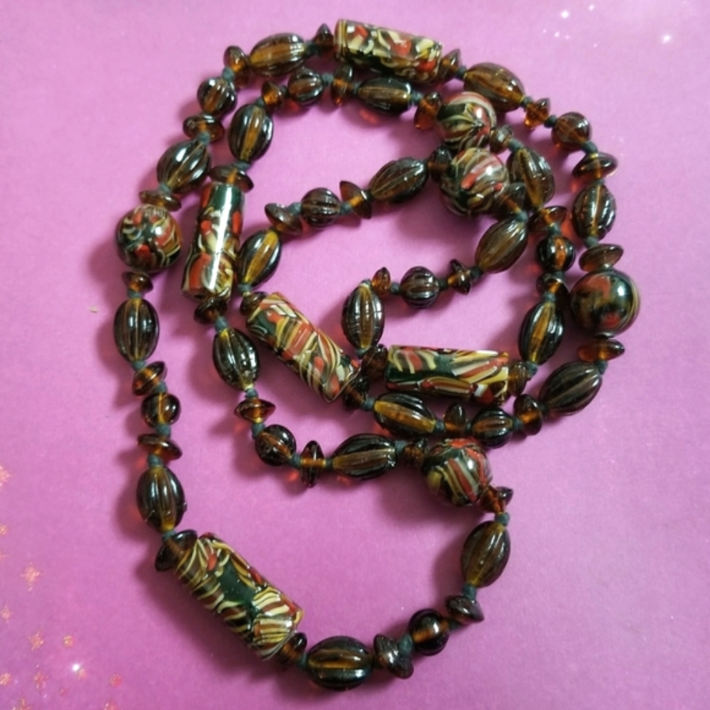 Vintage glass beads necklace root beer trade